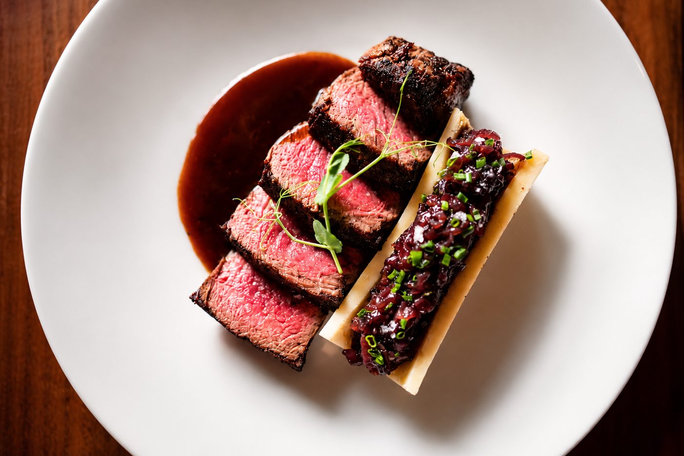 Sliced steak beside a roasted bone-marrow half, with a pool of jus on a white plate.
